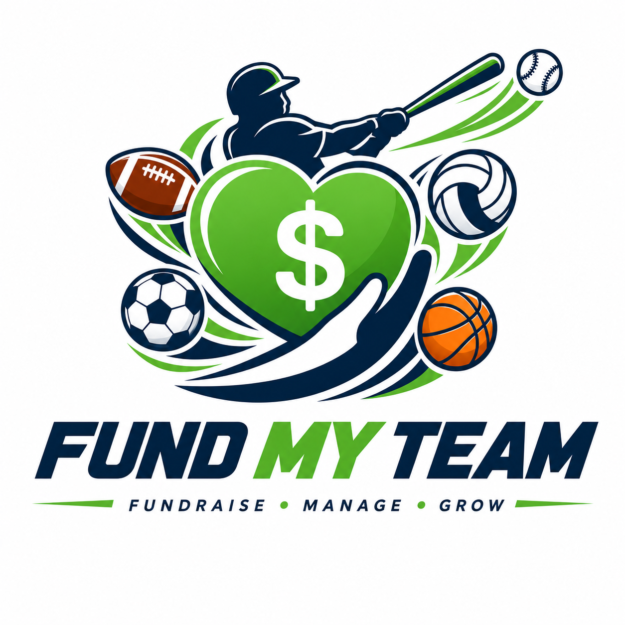 Fund My Team logo with football, basketball, soccer, volleyball and baseball icons around a heart